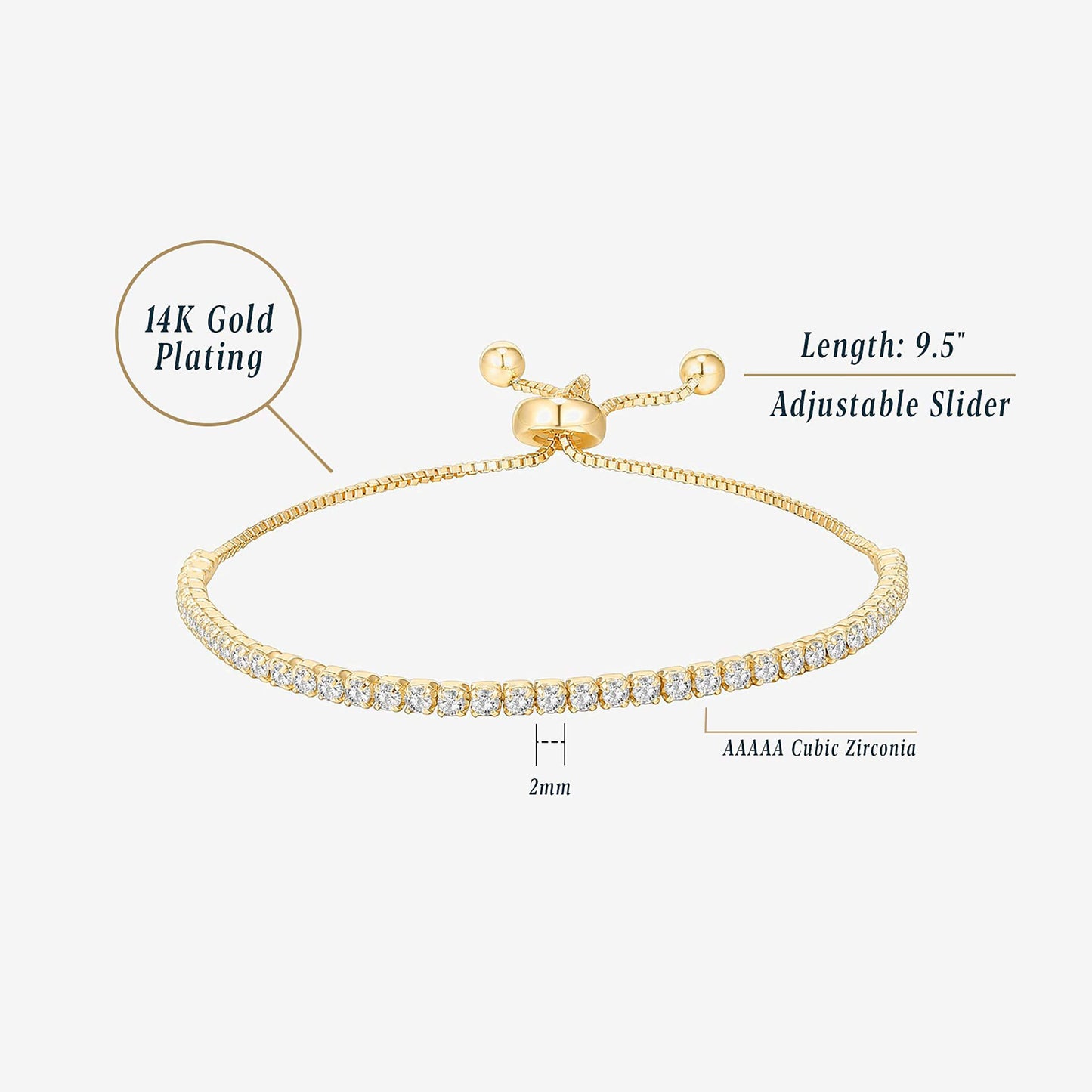 14K Gold Plated Cubic Zirconia Classic Tennis Bracelet for Women | Adjustable Slider