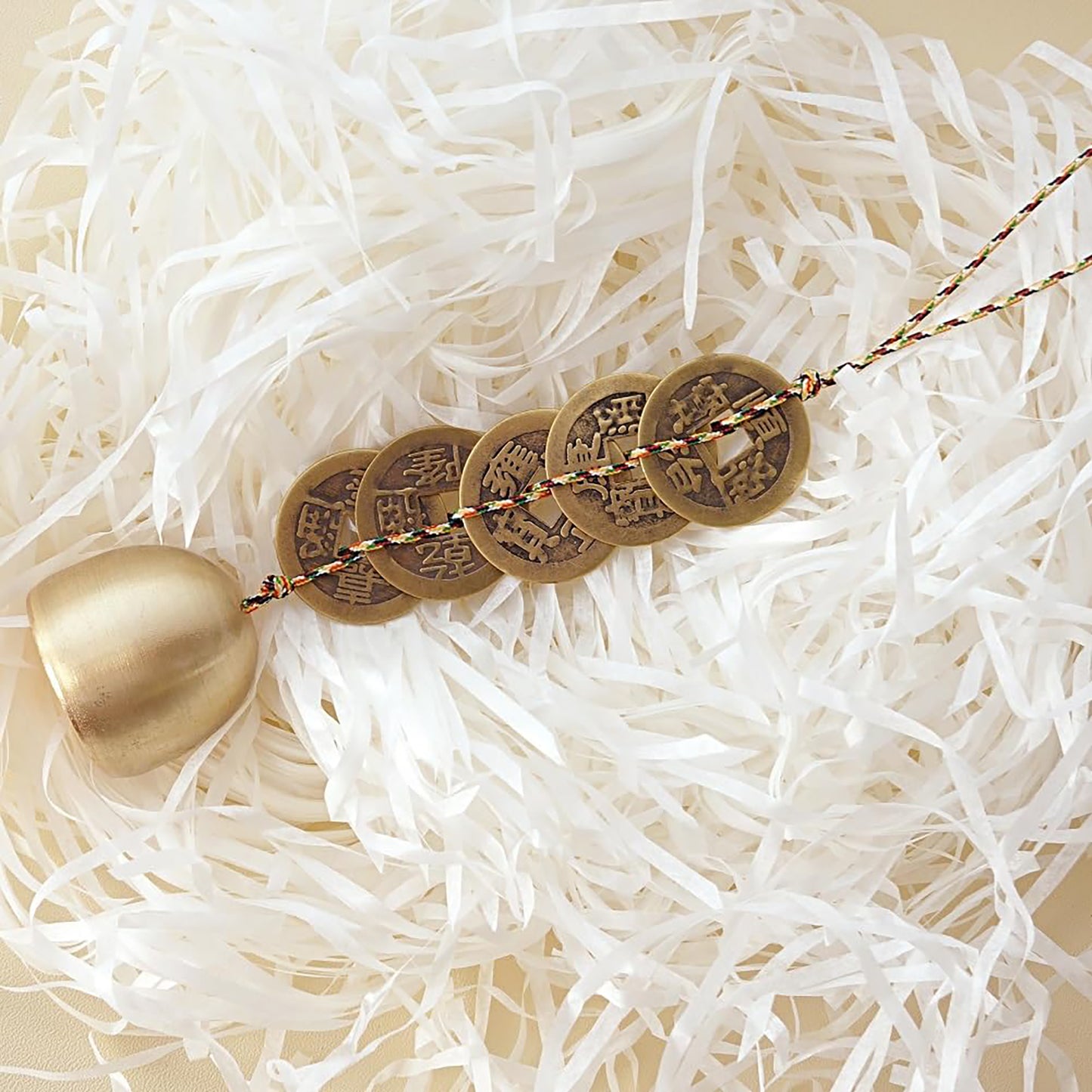 Good Luck Chinese Feng Shui Bell with 5 Coins for Wealth and Healthy Home - Hanging Pendant Wind Chime