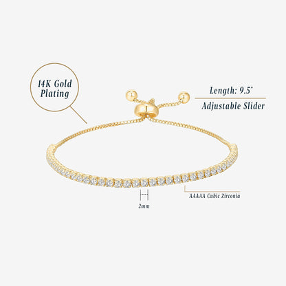 14K Gold Plated Cubic Zirconia Classic Tennis Bracelet for Women | Adjustable Slider